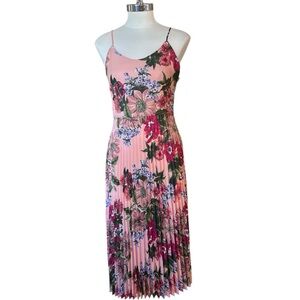 Leith Peach Pink Green Floral Pleated Midi Dress XS